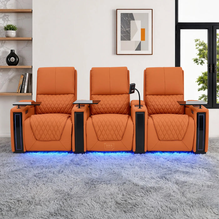 3 Seater Real Leather Electric Recliner Cinema Sofa in Orange | Hi-Tech Couch With Power Lumbar, Wireless Charging, USB+C, Cooling & Heating Cupholders | Assisi | The Sofa Shop