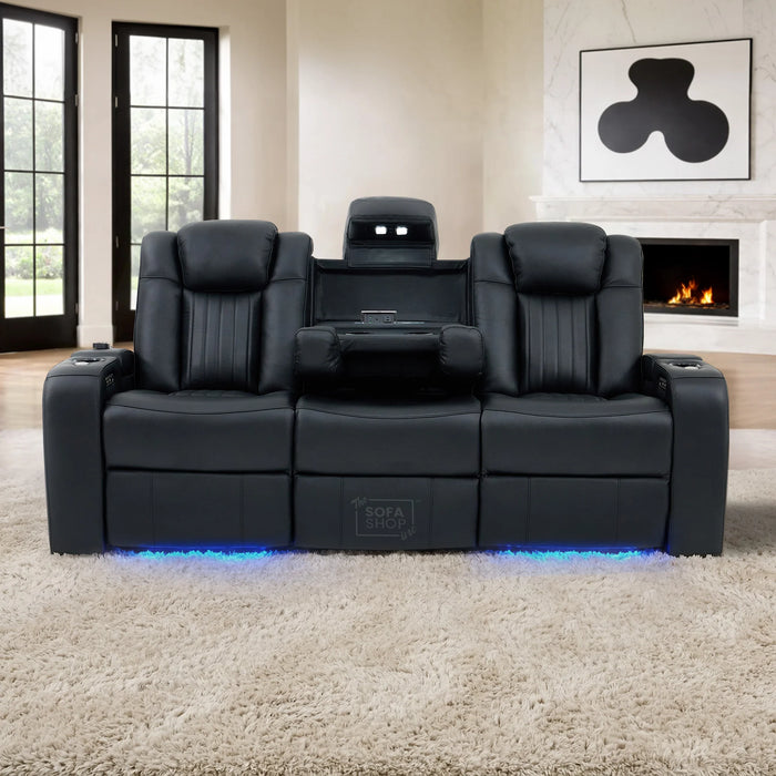 3 Seater Real Leather Cinema Recliner Sofa in Black | Electric Couch with Massage, Heating, Power Plug Sockets, Cup Holders & Reading Lamps | Capri | Sofa Shop