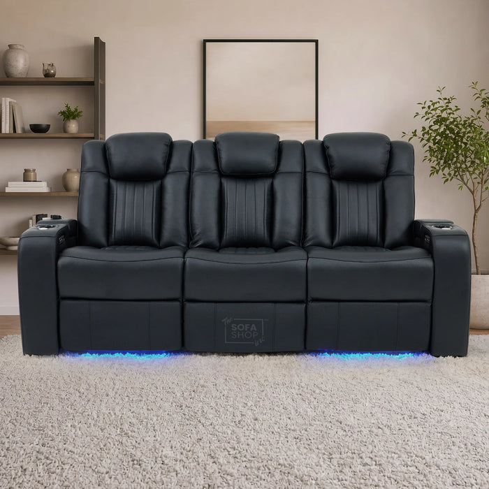 Cinema Sofa in Black Genuine Leather | Hi-Tech Cinema Sofa with Power Recline + Power Headrests + Sockets + Wireless Charging + Vibration Massage | Capri | The Sofa Shop