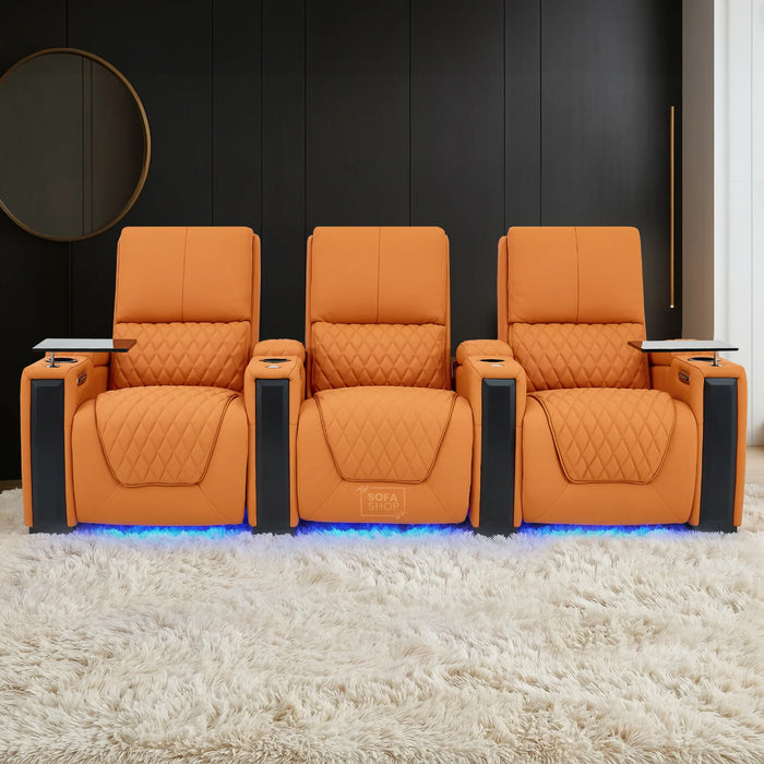 3 Seater Cinema Sofa in Orange Real Leather | Luxury Theatre & Home Cinema Seating | Electric Recliner With 3 Power Recliners, Power Lumbar & Cooling Cup Holders | Assisi | The Sofa Shop