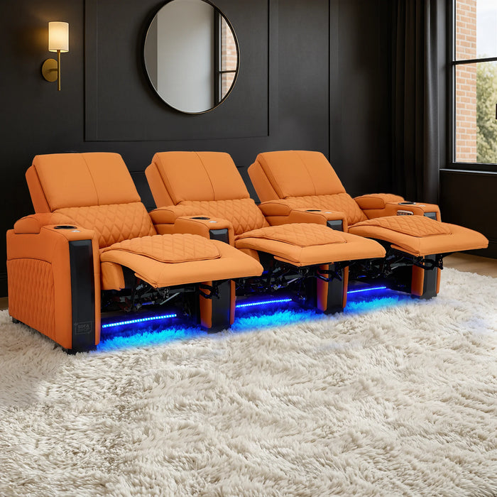 3 Seater Cinema Sofa in Orange Real Leather | Luxury Theatre & Home Cinema Seating | Electric Recliner With 3 Power Recliners, Power Lumbar & Cooling Cup Holders | Assisi | The Sofa Shop