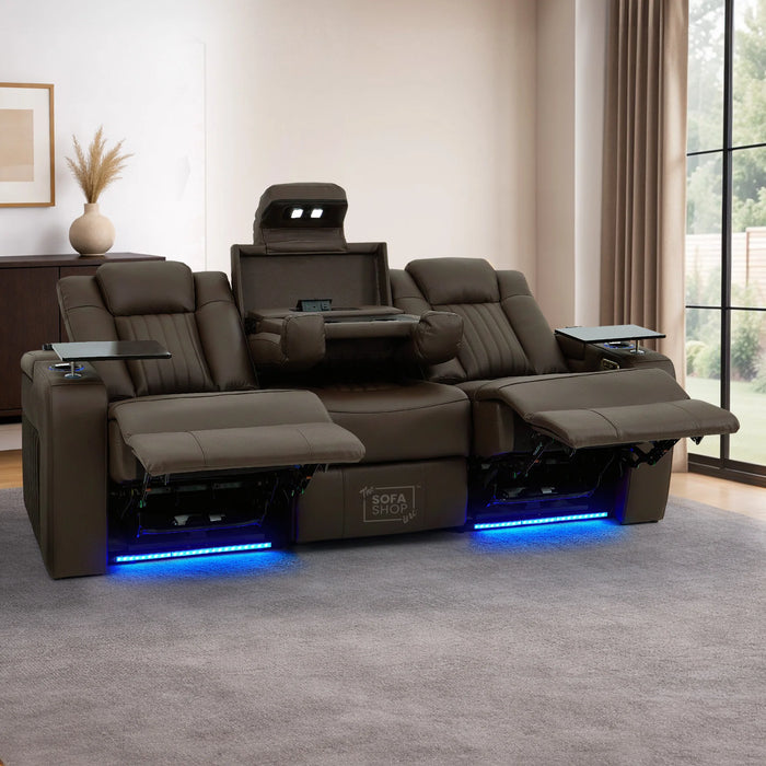 Dark Brown Real Leather 3 Seater Cinema Sofa | Electric Recliner Couch with Massage, Heat, Fold-Down Table & Wireless Charger | Capri | The Sofa Shop