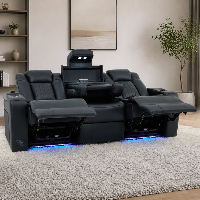 Cinema Sofa in Black Genuine Leather | Hi-Tech Cinema Sofa with Power Recline + Power Headrests + Sockets + Wireless Charging + Vibration Massage | Capri | The Sofa Shop