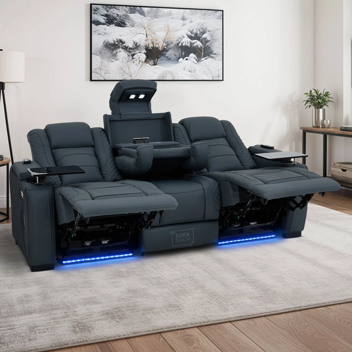 3 Seater Real Leather Electric Recliner Cinema Sofa in Blue | Massage & Heat, Bluetooth, Cooling Cup Holders, Tray Tables & Fold-Down Table | Napoli | The Sofa Shop