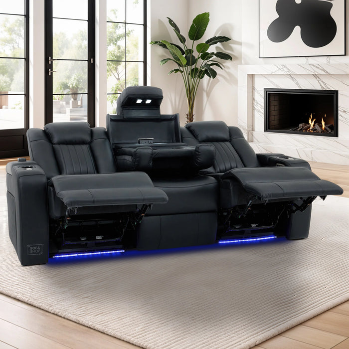 Real Leather 3+2+1 Power Reclining Sofa Set in Black | 3-Piece Cinema Sofa Suite with Console, Power Sockets, Cup Holders, Table & Massage | Capri