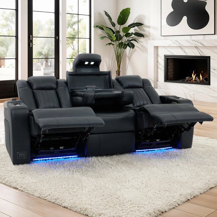 3 Seater Real Leather Cinema Recliner Sofa in Black | Electric Couch with Massage, Heating, Power Plug Sockets, Cup Holders & Reading Lamps | Capri | Sofa Shop