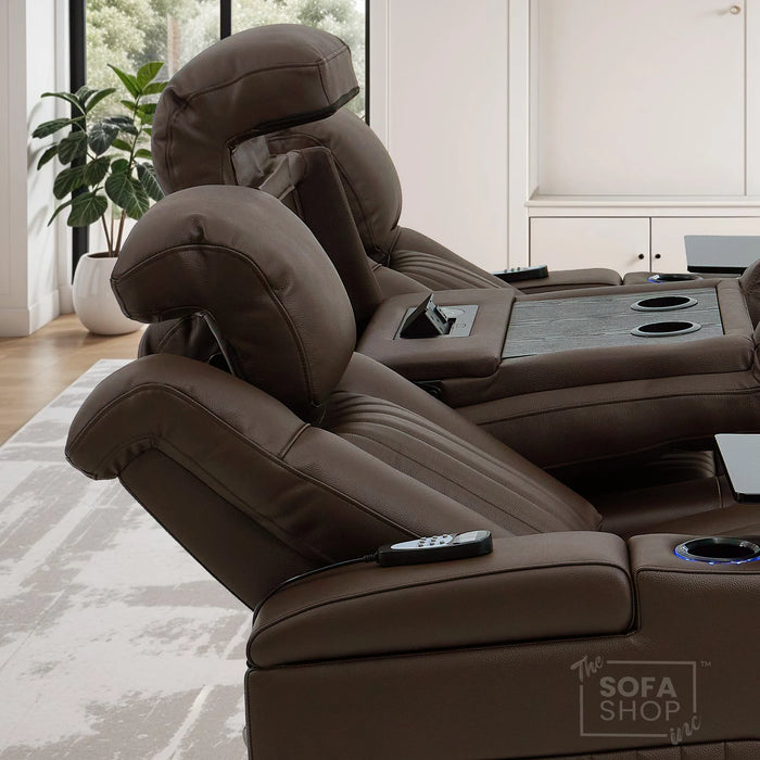 Dark Brown Real Leather 3 Seater Cinema Sofa | Electric Recliner Couch with Massage, Heat, Fold-Down Table & Wireless Charger | Capri | The Sofa Shop