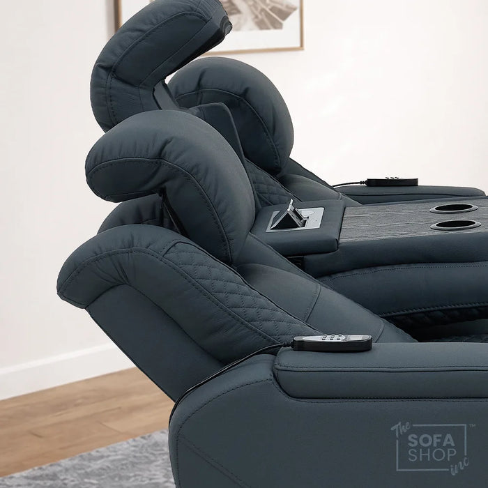 3+1 Seater Genuine Leather Recliner Cinema Sofa Set with Massage, Drop-Down Table, Cup Holders, LED Reading Light, Power Recliner, USB Ports, Socket Set & Storage | Blue Leather | Napoli