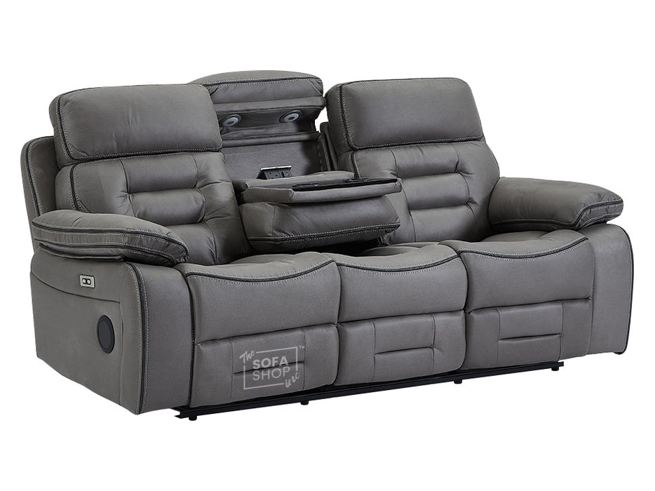 3 2 Electric Recliner Sofa Set. 2 Piece Cinema Sofa Package Suite in Grey Fabric With Speakers & Power Headrest & Wireless Charger - Tuscany
