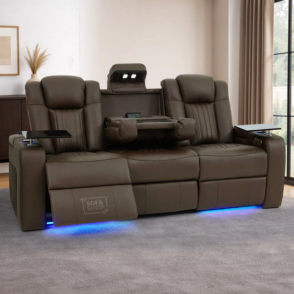 Dark Brown Real Leather 3 Seater Cinema Sofa | Electric Recliner Couch with Massage, Heat, Fold-Down Table & Wireless Charger | Capri | The Sofa Shop