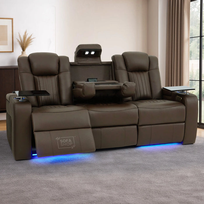 Dark Brown Real Leather 3 Seater Cinema Sofa | Electric Recliner Couch with Massage, Heat, Fold-Down Table & Wireless Charger | Capri | The Sofa Shop