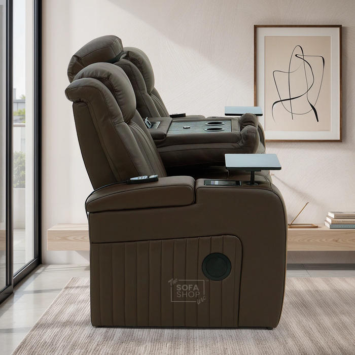 3 Seater Cinema Sofa in Brown Real Leather | Hi-Tech Cinema Sofa with Vibration Massage, Heated Lumbar, Bluetooth Speakers, Heating & Cooling Cupholders | Capri | The Sofa Shop