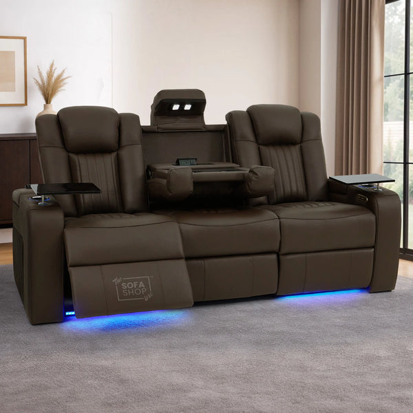 Dark Brown Real Leather 3 Seater Cinema Sofa | Electric Recliner Couch with Massage, Heat, Fold-Down Table & Wireless Charger | Capri | The Sofa Shop