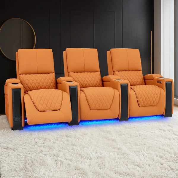 3 Seater Cinema Sofa in Orange Real Leather | Luxury Theatre & Home Cinema Seating | Electric Recliner With 3 Power Recliners, Power Lumbar & Cooling Cup Holders | Assisi | The Sofa Shop