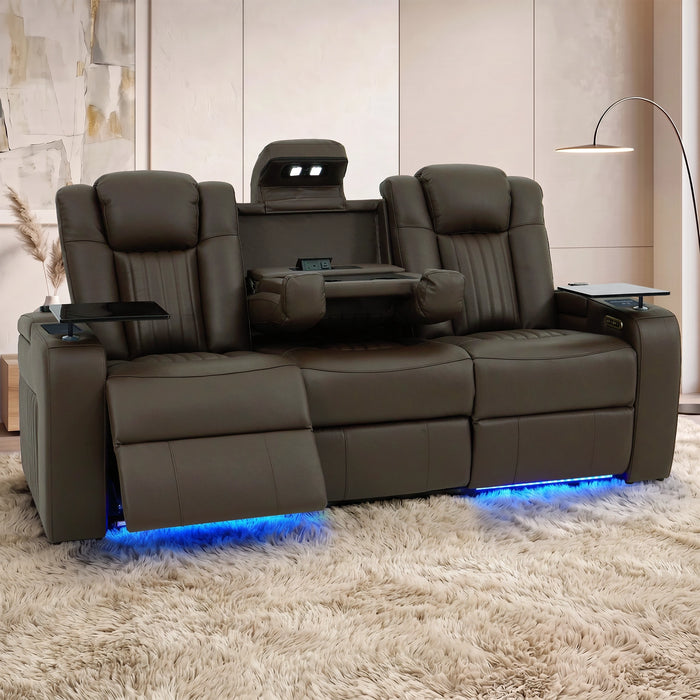 3 Seater Cinema Sofa in Brown Real Leather | Hi-Tech Cinema Sofa with Vibration Massage, Heated Lumbar, Bluetooth Speakers, Heating & Cooling Cupholders | Capri | The Sofa Shop