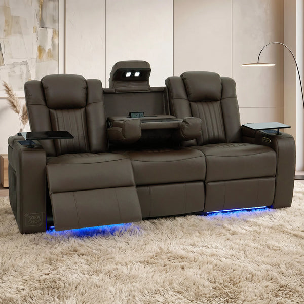 3 Seater Cinema Sofa in Brown Real Leather | Hi-Tech Cinema Sofa with Vibration Massage, Heated Lumbar, Bluetooth Speakers, Heating & Cooling Cupholders | Capri | The Sofa Shop
