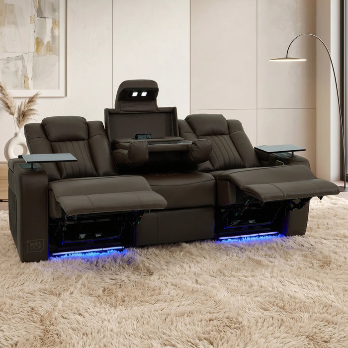 3 Seater Cinema Sofa in Brown Real Leather | Hi-Tech Cinema Sofa with Vibration Massage, Heated Lumbar, Bluetooth Speakers, Heating & Cooling Cupholders | Capri | The Sofa Shop