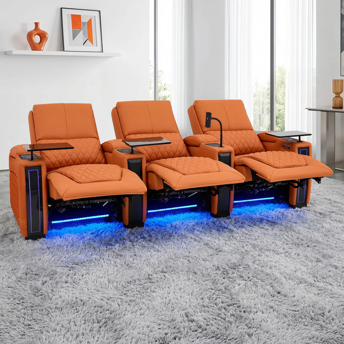 3 Seater Real Leather Electric Recliner Cinema Sofa in Orange | Hi-Tech Couch With Power Lumbar, Wireless Charging, USB+C, Cooling & Heating Cupholders | Assisi | The Sofa Shop