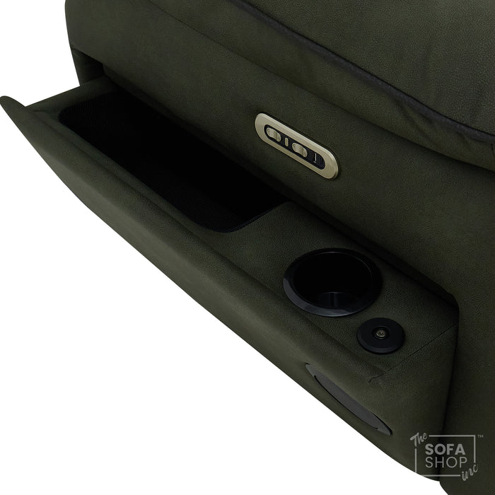 1 Seater Electric Recliner Chair in Green Fabric | Hi-Tech Chair with Vibration Massage + Heated Lumbar + Power Headrest + Power Grommet + USB+C Charging | Florence | The Sofa Shop