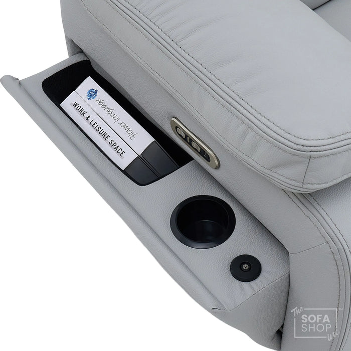 1 Seater Cinema Chair in Light Grey Genuine Leather | Hi-Tech Cinema Chair with Power Recline + Power Headrest + Vibration Massage + Heated Lumbar + Side Storage & Power Grommet | Sicily | The Sofa Shop
