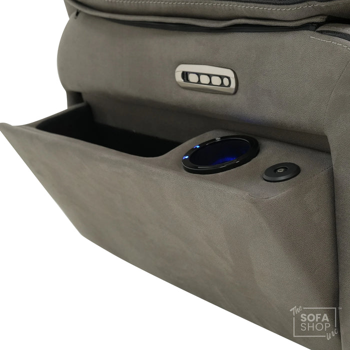 Electric Riser Chair In Graphite Grey Fabric | Hi-Tech Recliner Armchair With Vibration Massage + Heated Lumbar + Cooling Cup Holder + Power Headrest | Tuscany | The Sofa Shop