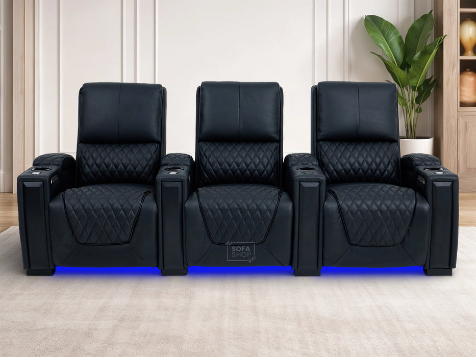 3 Seater Cinema Sofa in Black Real Leather | Luxury Theatre & Home Cinema Seating | Electric Recliner With USB Charging + Cupholders & Power Headrests | LED Lighting & Hidden Storage | Assisi