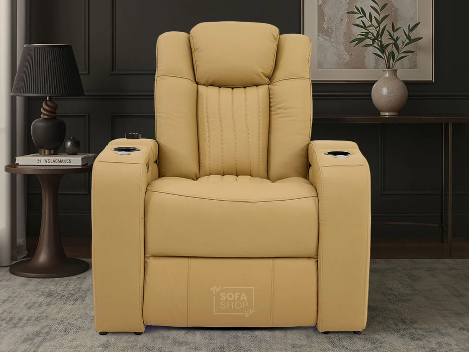 Real Leather Electric Recliner Cinema Chair in Tan | Hi-Tech Power Chair with USB Charging, Cup Holders, Storage, LED Lights & Massage | Capri | The Sofa Shop
