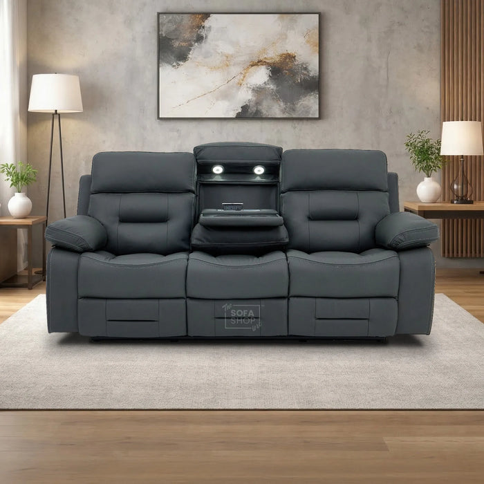 3 Seater Grey Top-Grain Leather Electric Recliner Cinema Sofa with Massage. Adjustable Headrest, Drop-Down Table, Wireless Charging | Sicily