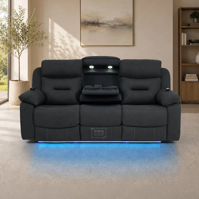 3 Seater Electric Recliner Couch in Charcoal Grey Fabric | Hi-Tech Sofa with Vibration Massage + Heated Lumbar + Power Grommet + Multi-Link Bluetooth + Power Headrests | Florence | The Sofa Shop
