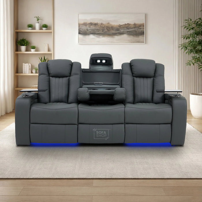 Real Leather 3+2+1 Piece Electric Home Cinema Theatre Sofa Set | Couch Suite Package in Grey + Massage + Heating + Power Recliners + Wireless Charging | Capri