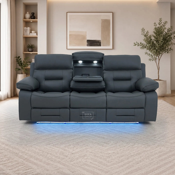 3 Seater Cinema Sofa in Grey Genuine Leather | Hi-Tech Couch with Power Recline + Power Headrests + Wireless Charging + Speakers | Sicily | The Sofa Shop