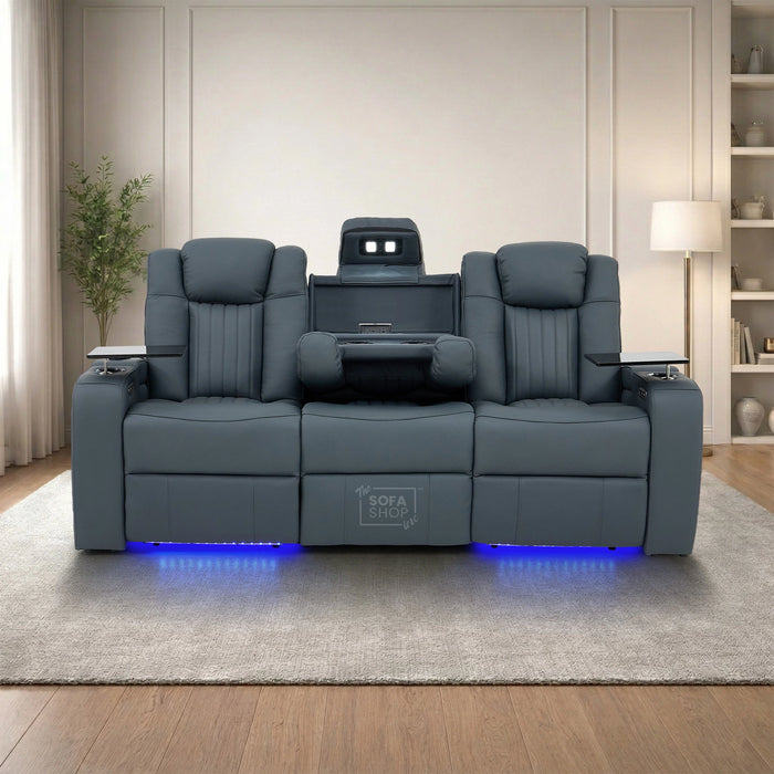 3 Seater Real Leather Recliner Sofa In Blue | Cinema Sofa with Massage, Heating, USB Ports, Drop-Down Table, LED Lights & Massage | Capri | The Sofa Shop