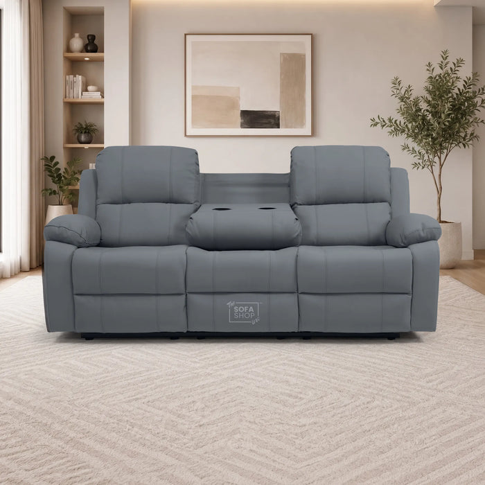 3 Seater Electric Recliner Sofa In Grey Real Leather | Power Recliner With Drop-Down Table & USB+C Charging | Comfortable & Family-Friendly Sofa | Trento | The Sofa Shop