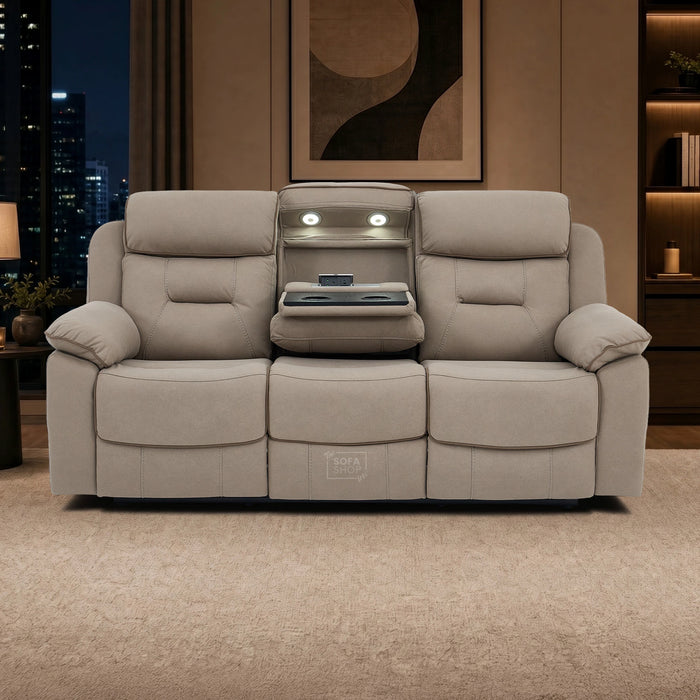 3 Seater Hi-Tech Electric Recliner Sofa In Beige Fabric | Adjustable Headrests & Bluetooth Speakers & USB-C | Florence | The Sofa Shop