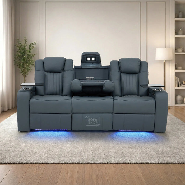 3 Seater Real Leather Recliner Sofa In Blue | Cinema Sofa with Massage, Heating, USB Ports, Drop-Down Table, LED Lights & Massage | Capri | The Sofa Shop