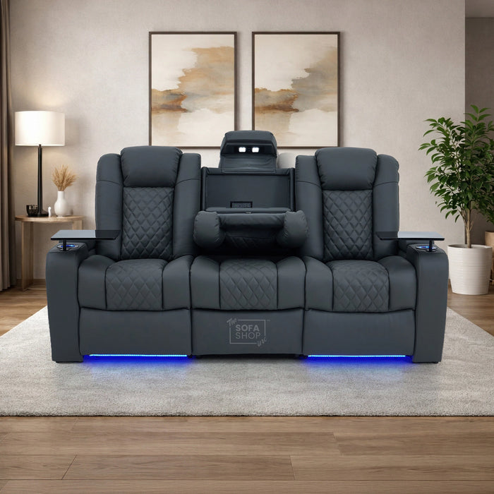 3 Seater Grey Real Leather Electric Recliner Cinema Sofa | Hi-Tech Couch With Multi-Link Bluetooth Speakers, Cooling + Heating Cup Holder, Wireless Charging, Fold Down Table, Food Trays & Power Grommet | Milano | The Sofa Shop