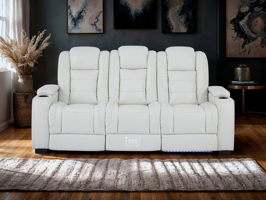 3 Seater White Real Leather Electric Recliner Cinema Sofa | Power Headrest, Massage, Fold-Down Table, USB-C & Storage | Napoli | The Sofa Shop