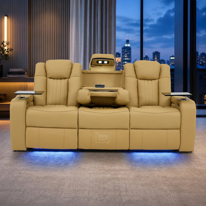 3 Seater Real Leather Electric Recliner Cinema Sofa in Tan | Recliner Couch With Massage, Power Recliners, Power Headrests, Led Reading & Tray Tables | Capri | The Sofa Shop