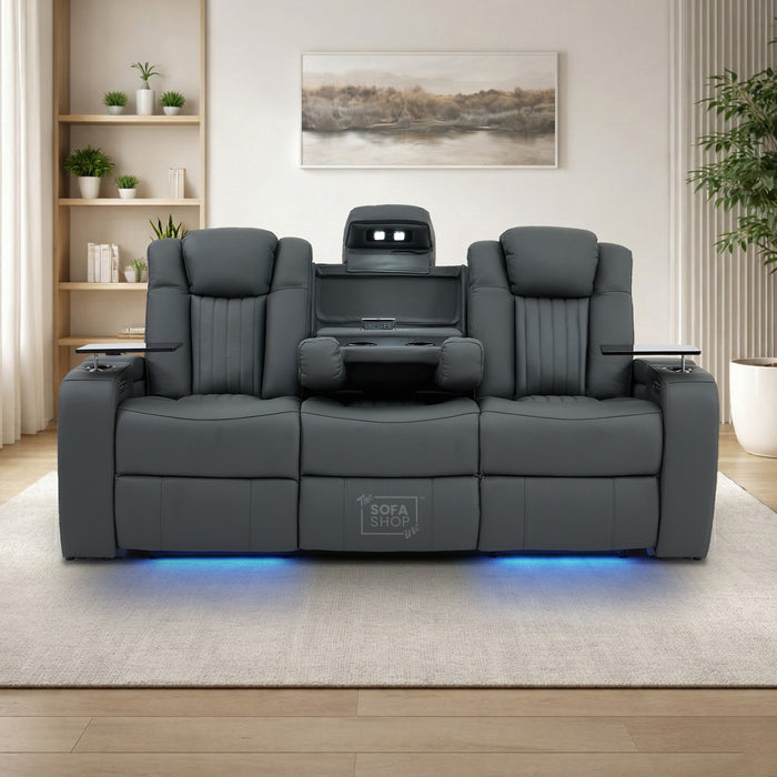 3 Seater Recliner Cinema Sofa | Theatre Couch in Grey Real Leather with USB Ports, Massage, Heating, Cup Holders & Wireless Charger | Capri | The Sofa Shop