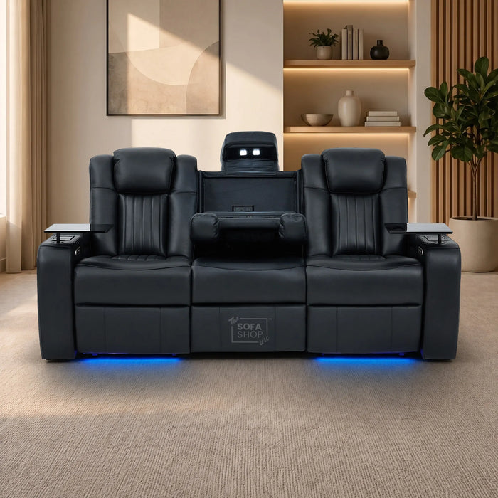 3 Seater Cinema Sofa in Black Real Leather | Hi-Tech Cinema Sofa with Vibration Massage, Heated Lumbar, Bluetooth Speakers, Heating & Cooling Cupholders | Capri | The Sofa Shop