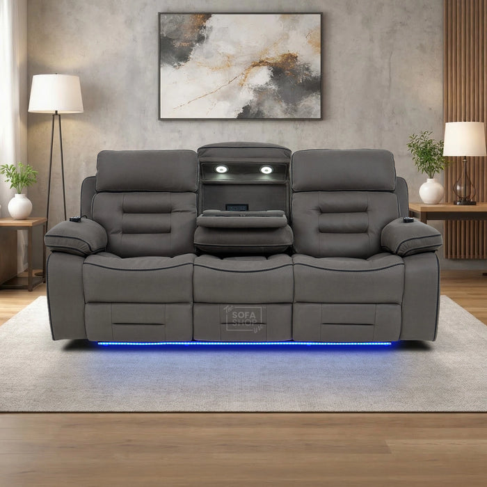 3 Seater Electric Recliner Cinema Sofa in Graphite Dark Grey Fabric | Hi-Tech Sofa with Cooling Cupholder + Massage + Heat + Power Headrest + USB Ports + Speakers | Tuscany | The Sofa Shop