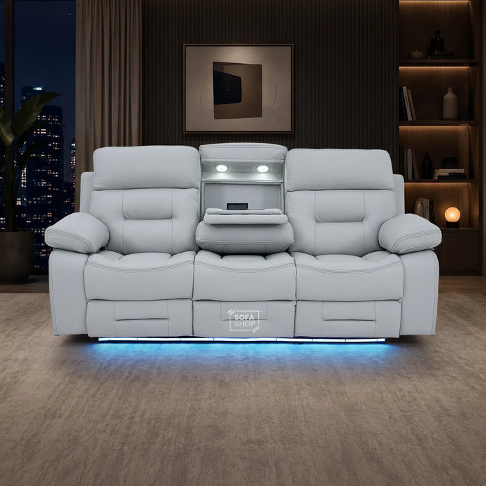 3 Seater Cinema Sofa in Light Grey Genuine Leather | Hi-Tech Couch with Power Recline + Power Headrests + Wireless Charging + Speakers | Sicily | The Sofa Shop