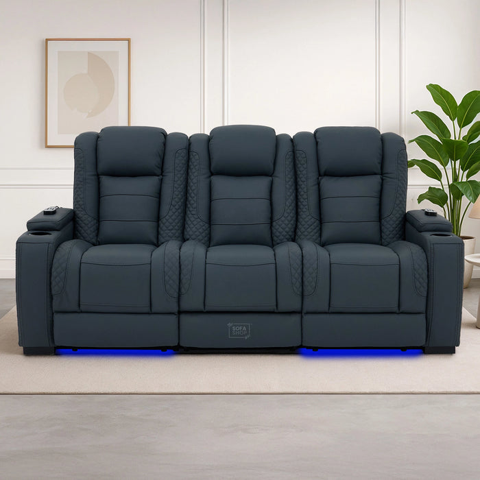 3 Seater Electric Recliner Cinema Sofa in Blue Genuine Leather with Massage, Drop-Down Table, Cup Holders, Power Recliner, USB Ports & Storage Box | Napoli
