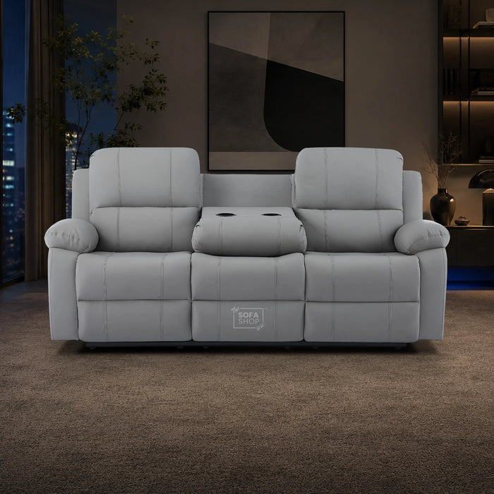 3 Seater Electric Recliner Sofa In Light Grey Real Leather | Power Recliner With Drop-Down Table & USB+C Charging | Comfortable & Family-Friendly Sofa | Trento | The Sofa Shop
