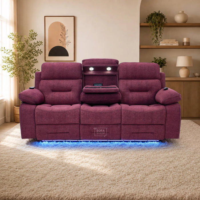 3 Seater Smart Tech Electric Recliner Cinema Sofa | Purple Fabric | Sicily