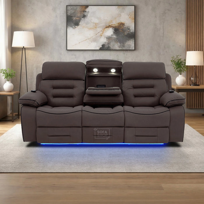 3 Seater Electric Recliner Cinema Sofa in Dark Brown Fabric | Hi-Tech Sofa With Massage, Fold-Down Table, Bluetooth Speakers, LED Lights & Power Headrest | Tuscany | The Sofa Shop