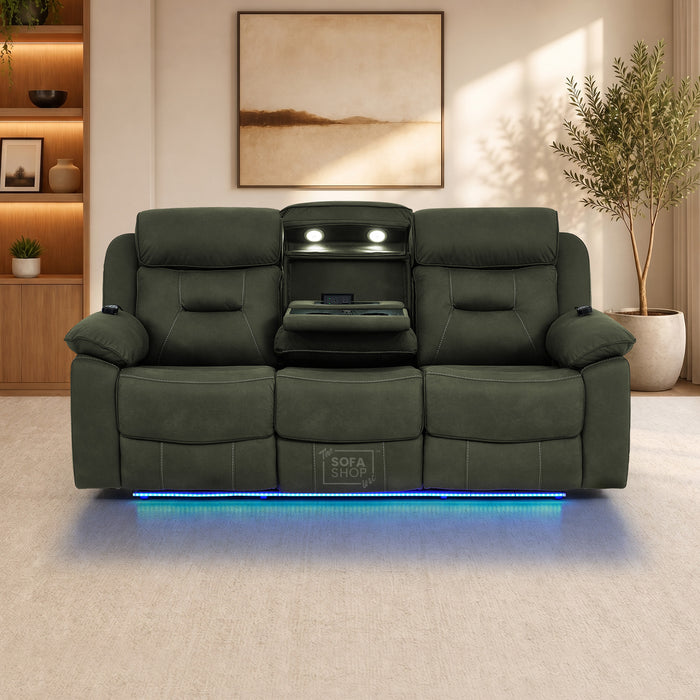 3 Seater Fabric Electric Recliner Sofa With Vibration Massage & Heating | Integrated Wireless Charging + Multi-Link Bluetooth | Green Fabric | Power Headrests & Fold-Down Table | Florence | The Sofa Shop