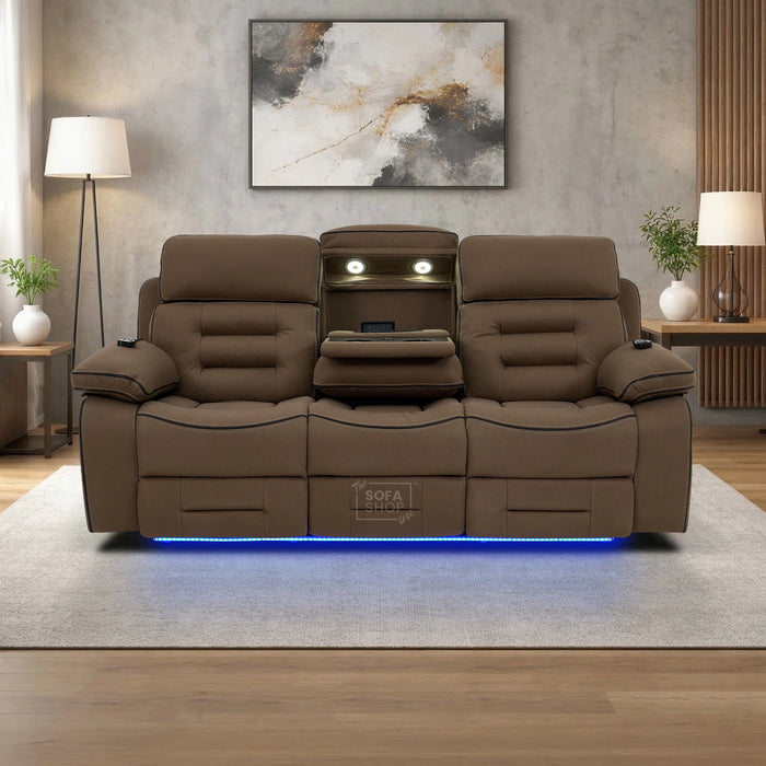 3 Seater Electric Recliner Cinema Sofa in Mocha Brown Fabric | Hi-Tech Sofa With Massage, Heat, Fold-Down Table, Bluetooth Speakers, LED Lights & Power Headrest | Tuscany | The Sofa Shop