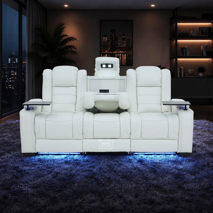 3 Seater Cinema Sofa in White Genuine Leather | Hi-Tech Cinema Sofa with Power Recline + Power Headrests + Vibration + Sockets + Base Storage | Napoli | The Sofa Shop