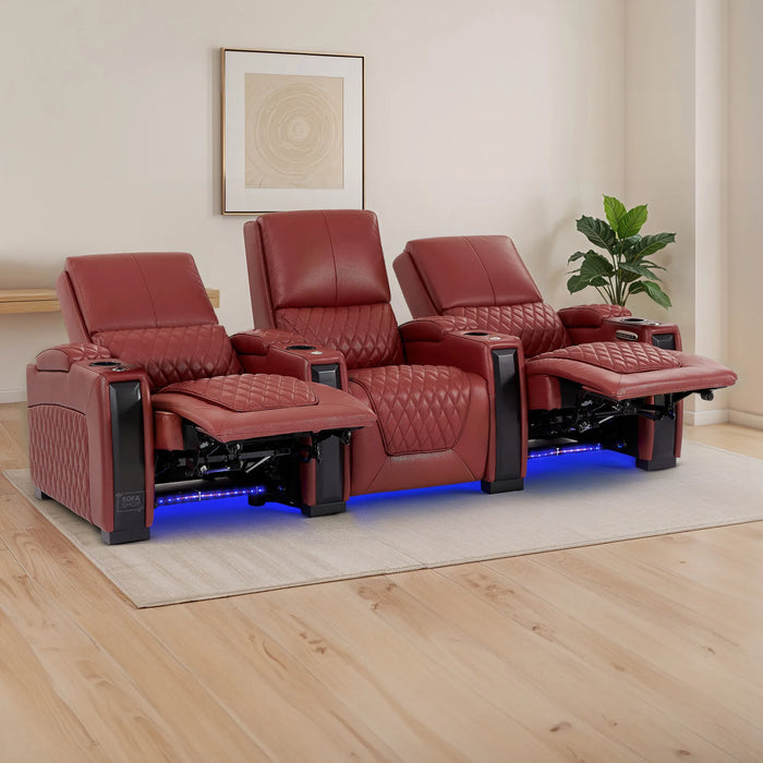 3 Seater Smart Tech Electric Recliner Cinema Sofa | Luxury Theatre Seating | Red Real Leather | Assisi